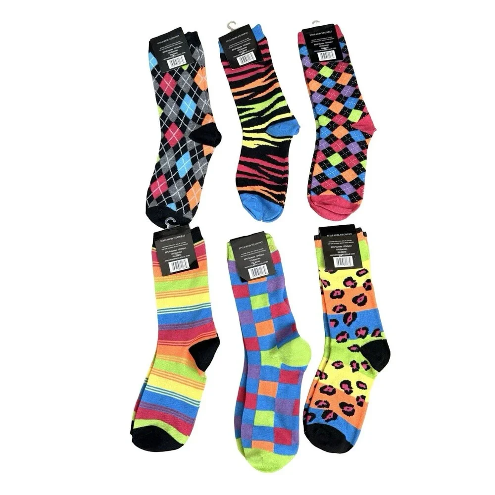Eros Womens Colorful Crew Socks 6 Pairs Neon Argyle Leopard Zebra Size 9-11 New